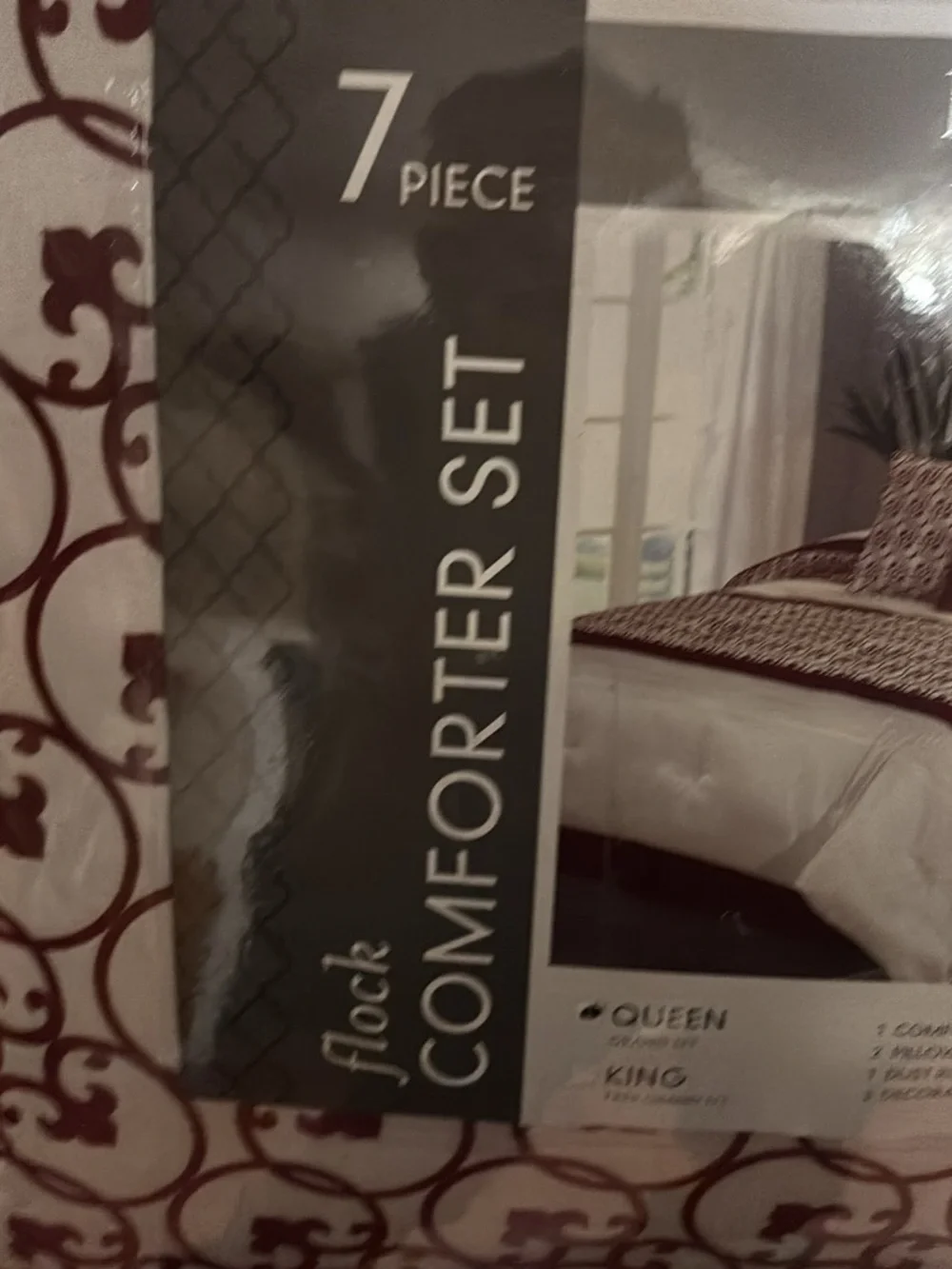 7-Piece Cream and Red Flocked Comforter Set - Home Bedding